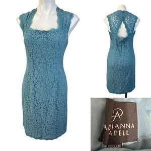Adrianna Papell dress 12/14 aqua blue lace cutout back cocktail spring *altered